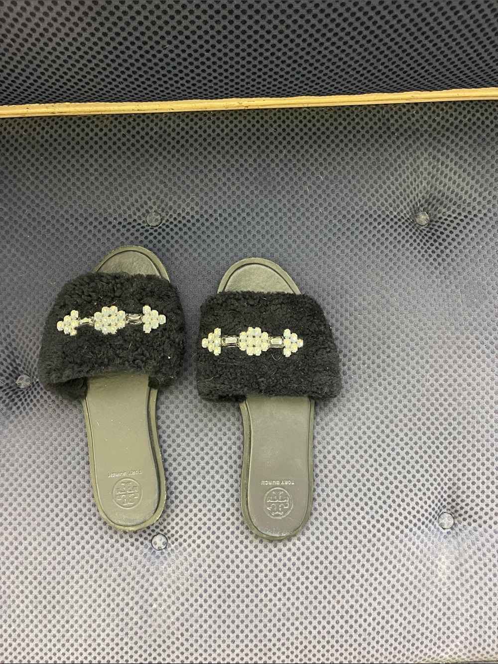 Tory Burch navy Fuzzy Slide Sandals with Embellished Accents